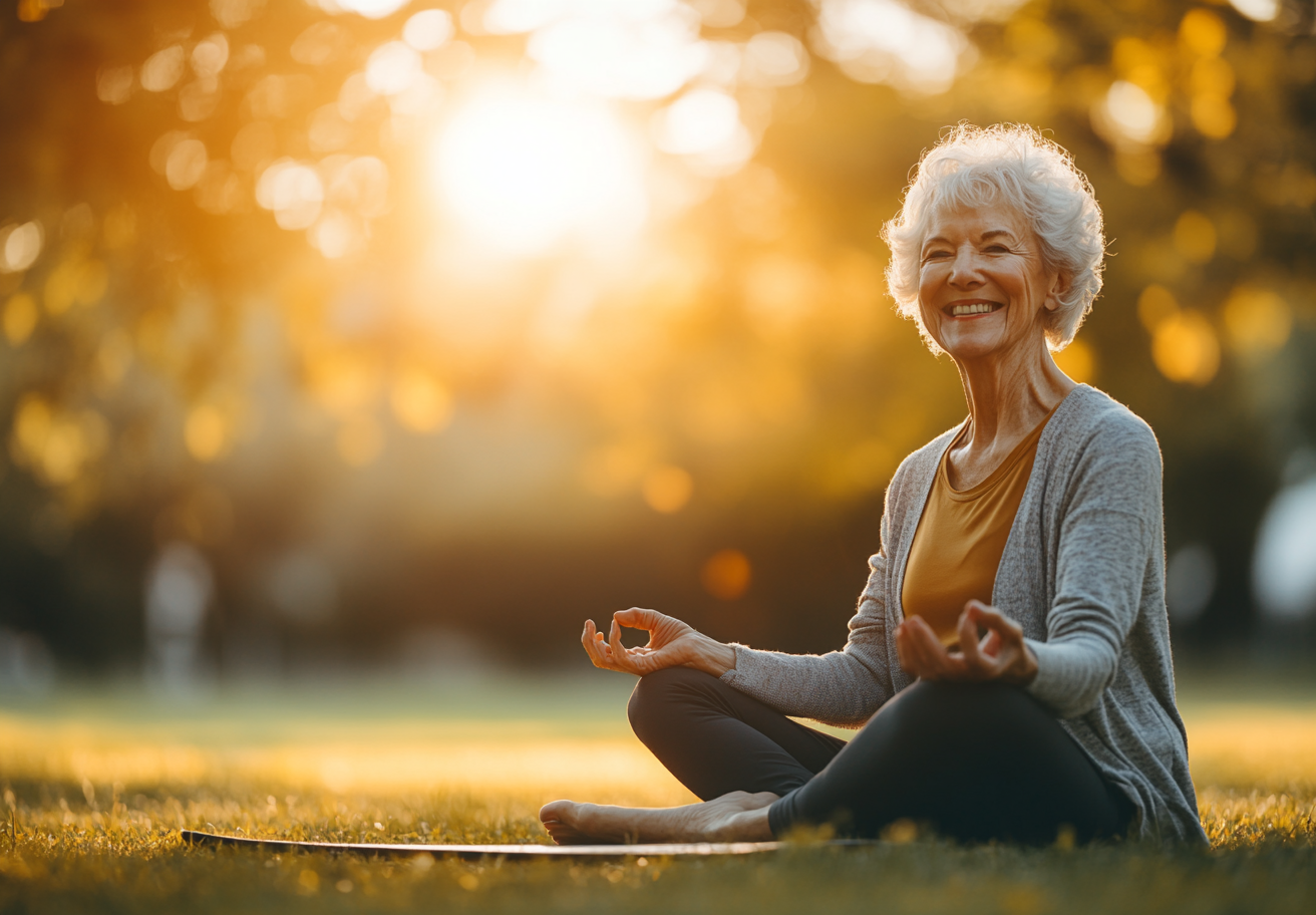 Възрастна жена практикуваща йога